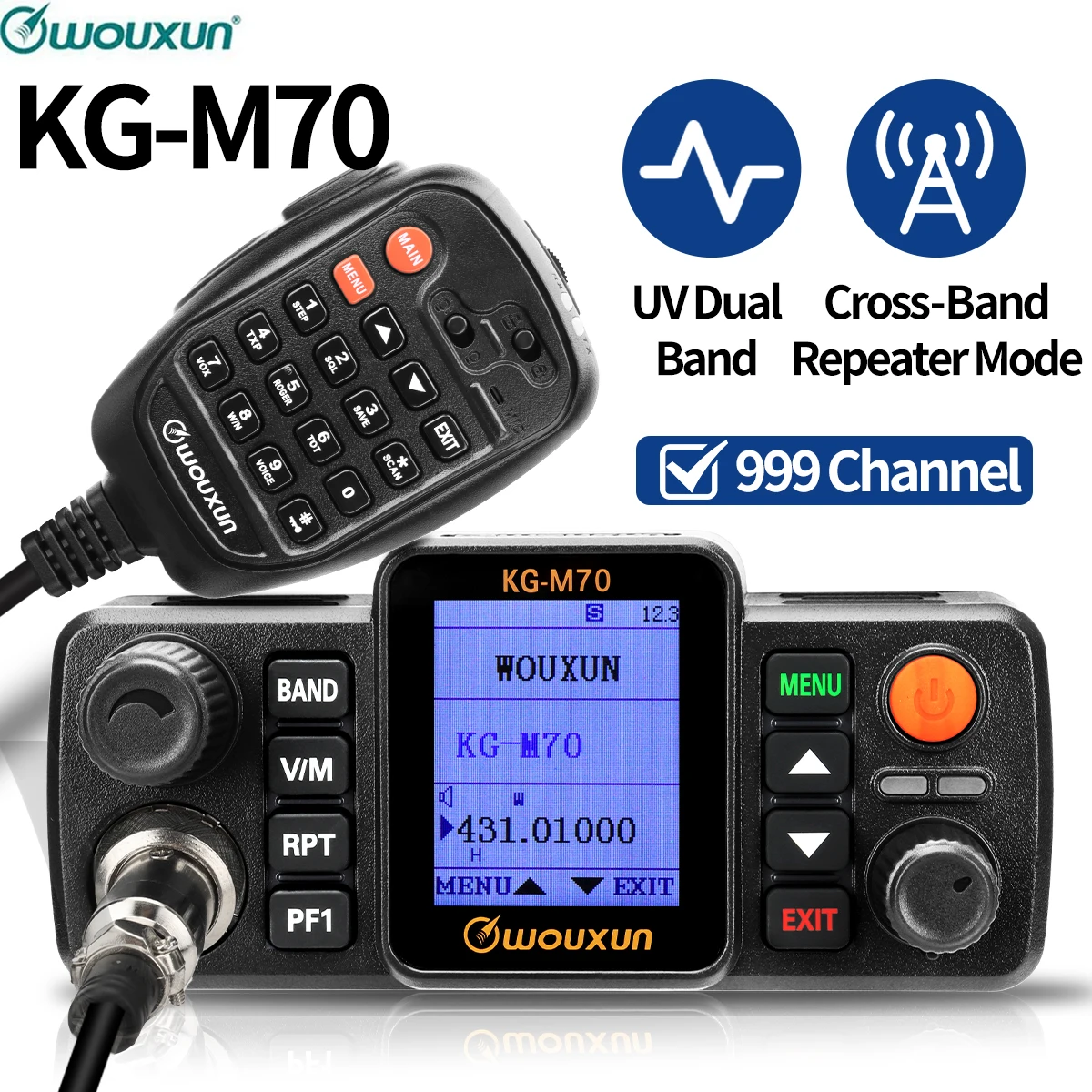 WOUXUN-rádio móvel Cross Band Repeater, UHF VHF Dual Band, 999CH rádio de carro de longo alcance, LCD com microfone, rádio CB KG-M70, 25W