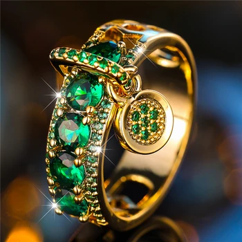 Luxury Female Green Round Zircon Stone Engagement Ring Yellow Gold Color Wedding Jewelry For Women
