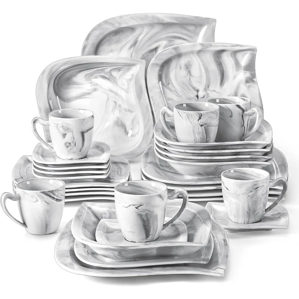 

Sets for 6, 30 Piece Porcelain Plates and Bowls Sets Marble Dish Set with Dinner Plate,Cup and Saucer, Square Plates Dinnerware