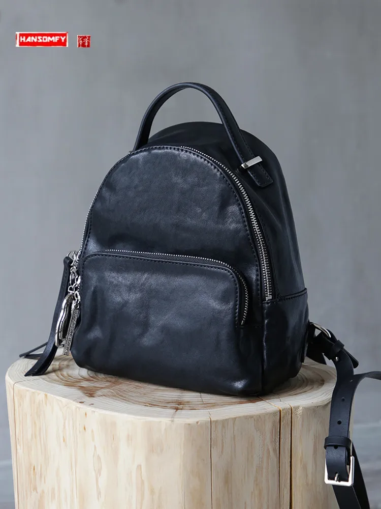 

Genuine Leather Women's Backpack 2022 New First Layer Cowhide Small Schoolbag Travel Backpacks Soft Black
