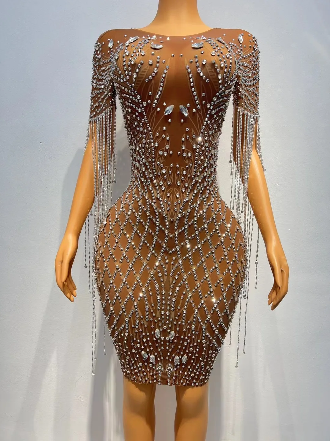 

Sexy Silver Rhinestones Fringes TransparentBrown Mesh Stretch Dress Evening BirthdayCelebrate Outfit Sexy Performance C131