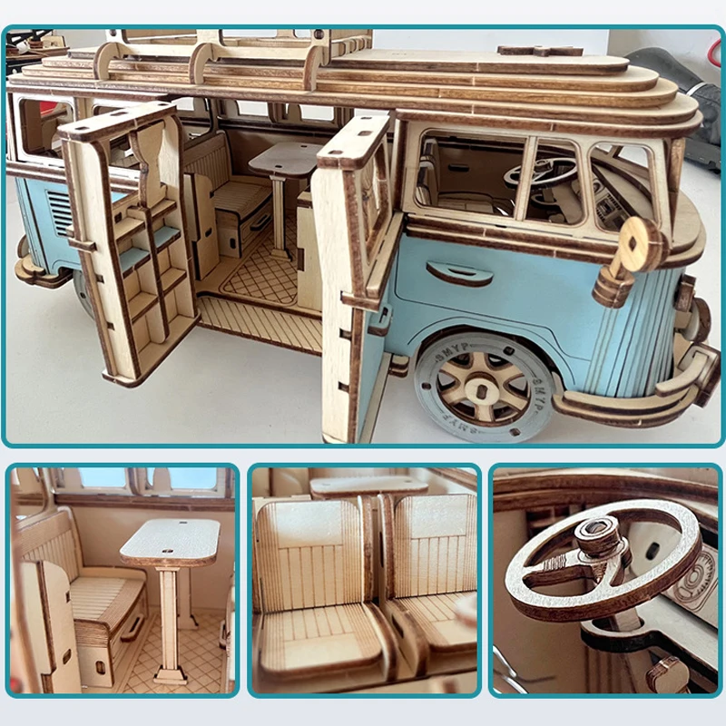 3D Wooden Retro Campervan Puzzle - European Style DIY Assembly Kit for Kids' Educational Play and Home Décor