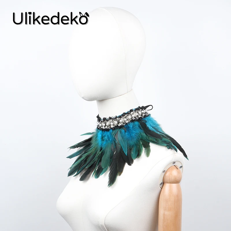 Fake Collar Choker Necklace Detachable Collar Shawl Gothic Feather Choker Collar Punk Cape Shawl Rave Party Halloween Witch Cosplay Feather Fake Collar Artificial Pearl Neck Cover