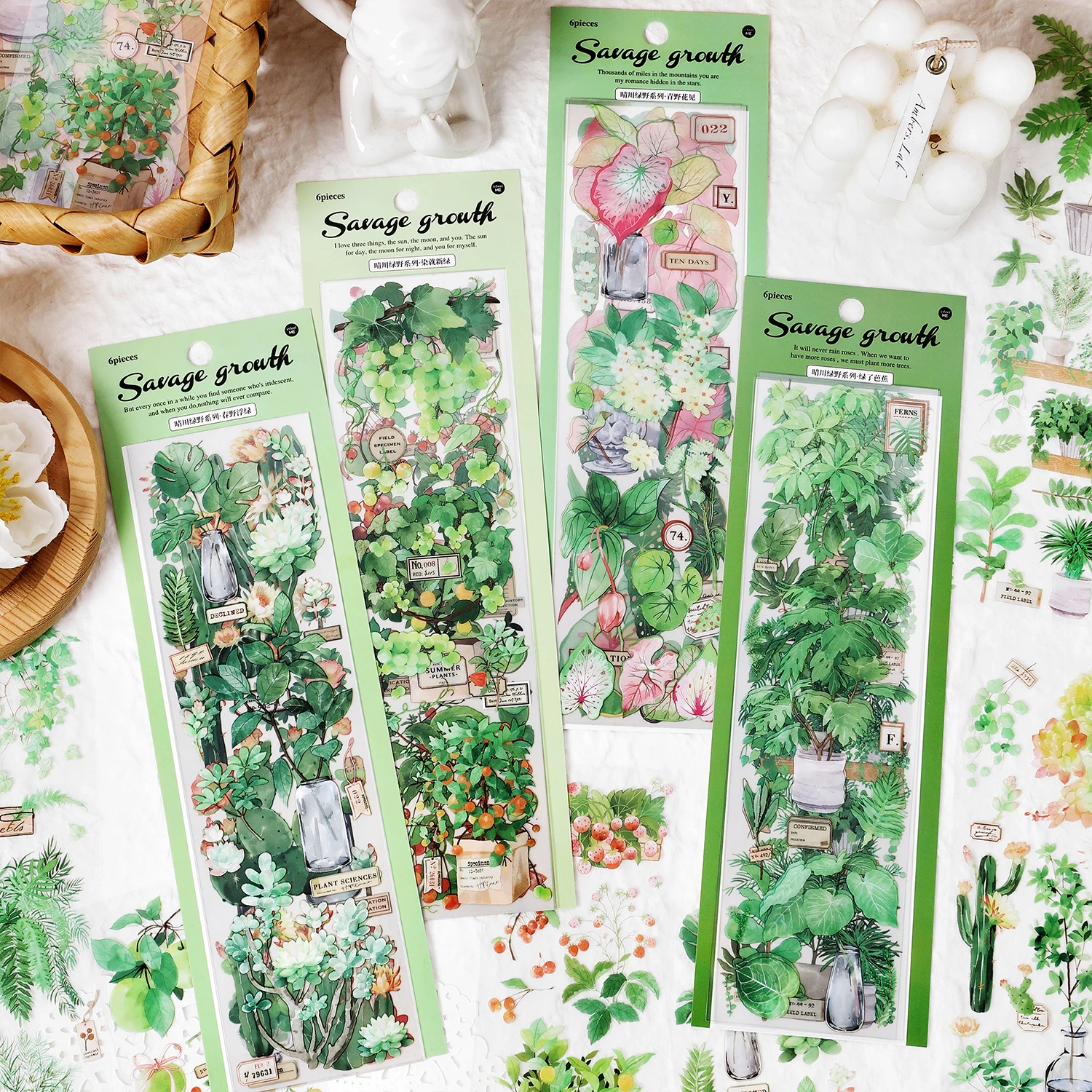 6 Sheets Green Plant PET Sticker Decorative Scrapbooking Stick Labels Diary Album Collage material Adhesive Diy Stickers