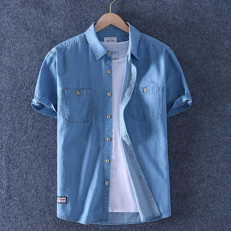 Casual short sleeved shirt short sleeved shirt summer men 100% slub cotton two front pockets