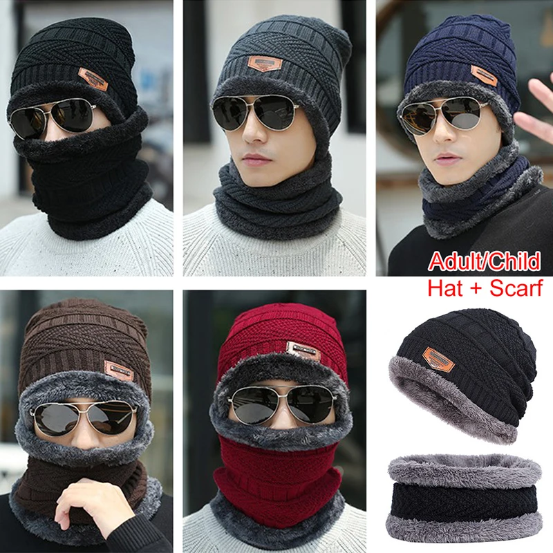 Winter Beanie Hat Men Knitted Hat Winter Cap Beanie Children Thick Wool Neck Scarf Cap Balaclava Mask Bonnet Hats Set