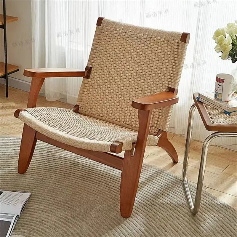 

Balcony Leisure Rattan Chair Ash Wood Outdoor Table And Backrest Home Rope Woven Lounge Stool