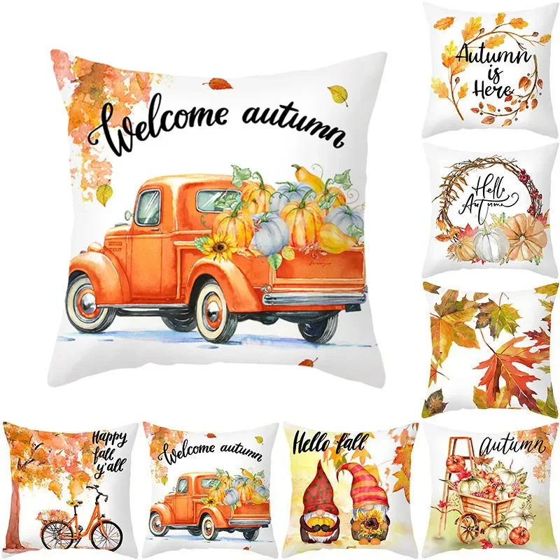 

Welcome Autumn Maple Leaf Bicycle Pattern Print Square Sofo Pillowslip Polyester Cushion Cover Peach Skin Pillowcase Home Decor