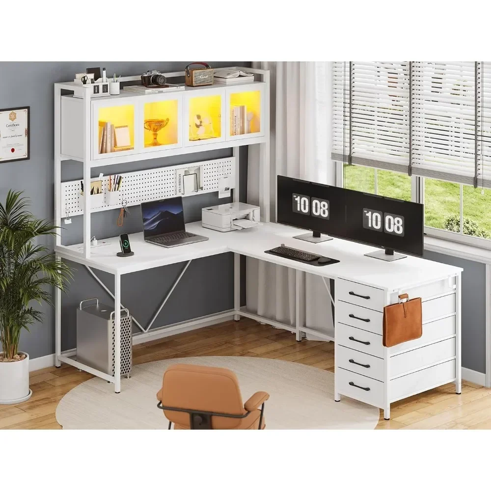 L-shaped Computer Desk with Storage Shelves, Pegboard, LED Lights, Sockets, Home Office Desk, Corner Table, Large Gaming Table 3