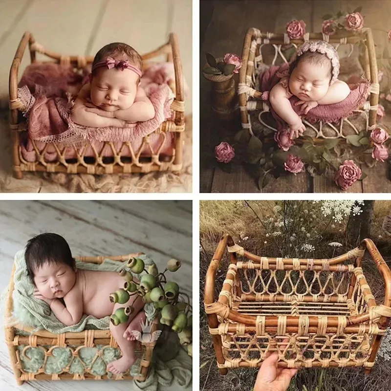 1pc Retro Rattan Lie Down Basket Chair Newborn Bebe Photography Props Posing Bed Background Photo Accessories for Baby Girl Boy
