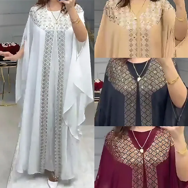 Luxury Rhinestones African Dress for Women Kaftan Africa Clothing Robe Femme Chiffon Evening Long Dress Muslim Abaya 2 Piece Set 5