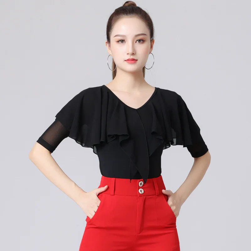 Girl Dance Costume Adult Women International Ballroom Costume Modern Latin Dance Top Lady Sexy V-neck Mesh Sleeve Fabric Girls Dancewear