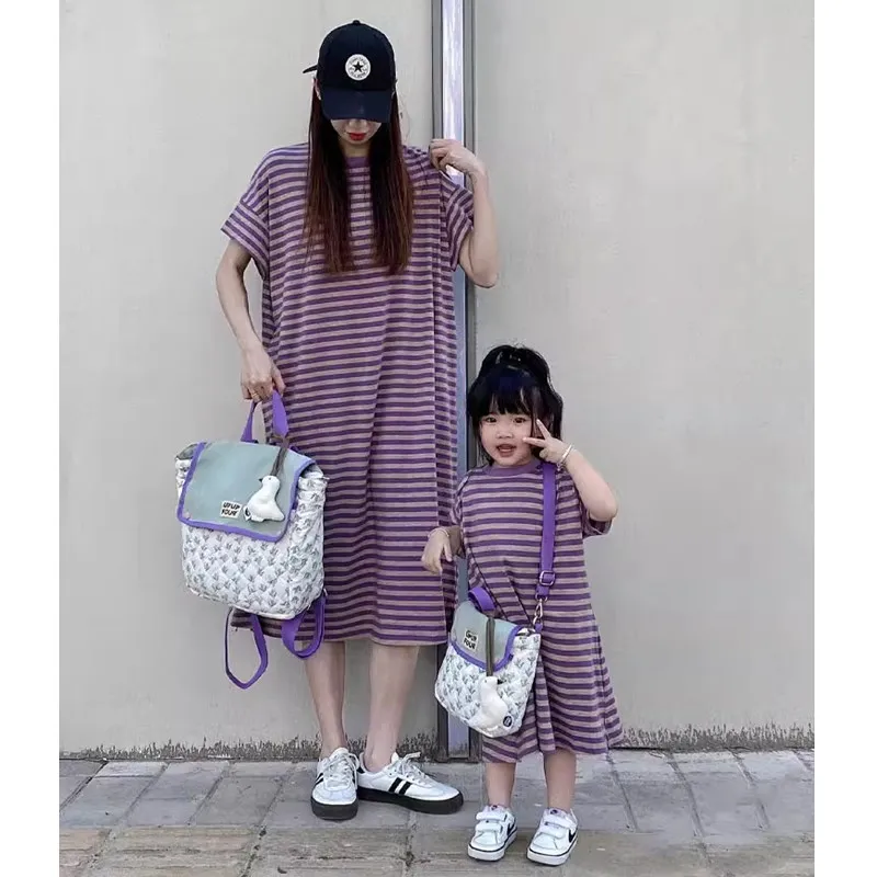 

Mother and Daughter Matching Dress Cotton Purple Striped Print Mom Women and Baby Girls Dresses Mummy and Son Clothes Kids Sets