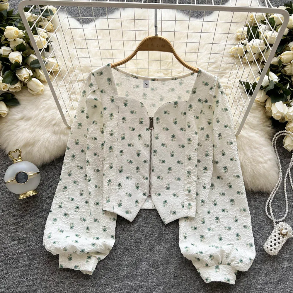 

Shirts 2022 spring new Korean print low neck chic clavicle zipper long sleeve sweet blouse women