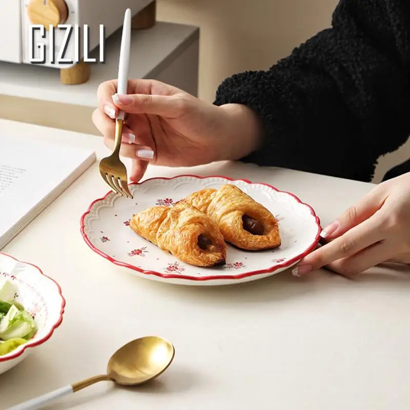 French Ceramic Kitchen Dishes Food Plates Sets Flowers Dinnerware Household Salad Bowl Plate Household Plates Dinner Sets
