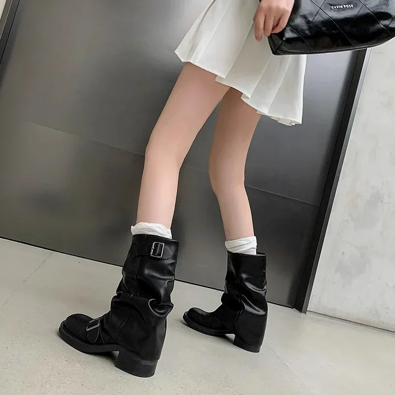 Autumn Winter Thick High Heels Women Mid Calf Boots 2023 Hot Sale Gothic Calves Motorcycles Boots Buckle Comfy Walking Boots
