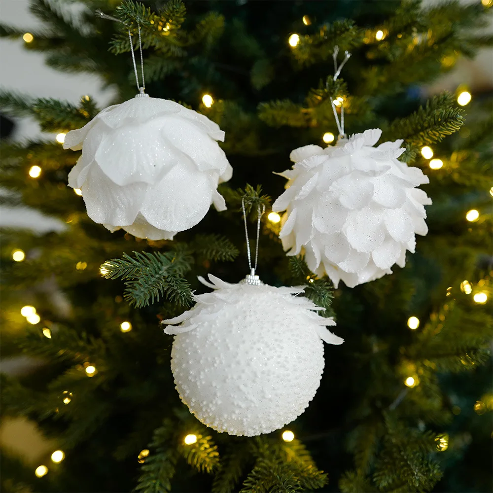 3PCS 8CM Christmas Tree Decoration Pendant Christmas Ball White Flower Petal Glitter Foam Ball Decoration Xmas Ornament christmas tree ornaments