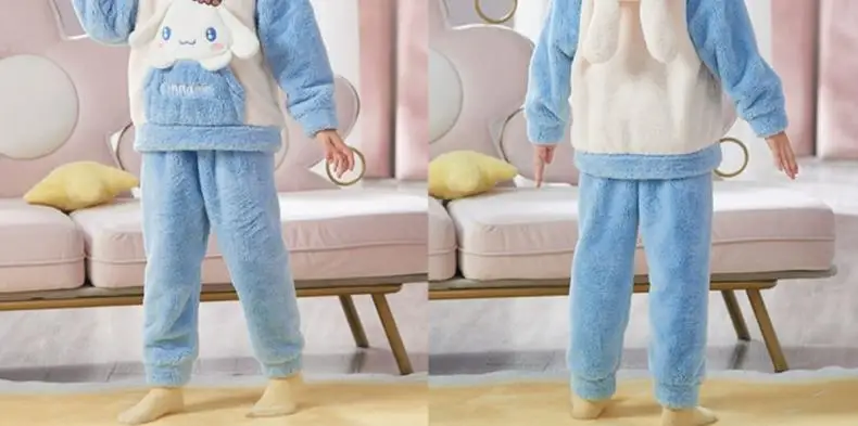 Cinnamoroll Pajama Kuromi Kawaii My Melody Cartoon Plus Velvet Thicken Hooded Tracksuit Girl Festival Gift