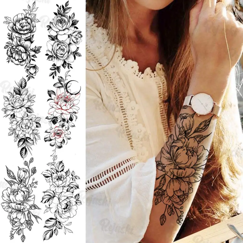 Black Lotus Temporary Tattoos For Women Girls Realistic Rose Flower Flora Fake Tattoo Sticker Forearm Body Tatoos Waterproof