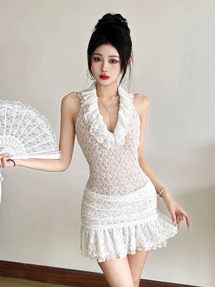 Nibber Sexy Lace Dress Women Halter Dark Lines Frenulum Skinny Three-Dimensional Flowers Ornament Vacation Trend Mini Bodycon