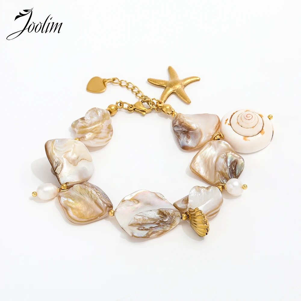 

Joolim Jewelry Wholesale High End PVD Summer Irregular baroque pearl Toggle Starfish Pendant Stainless Steel Bracelet for Women