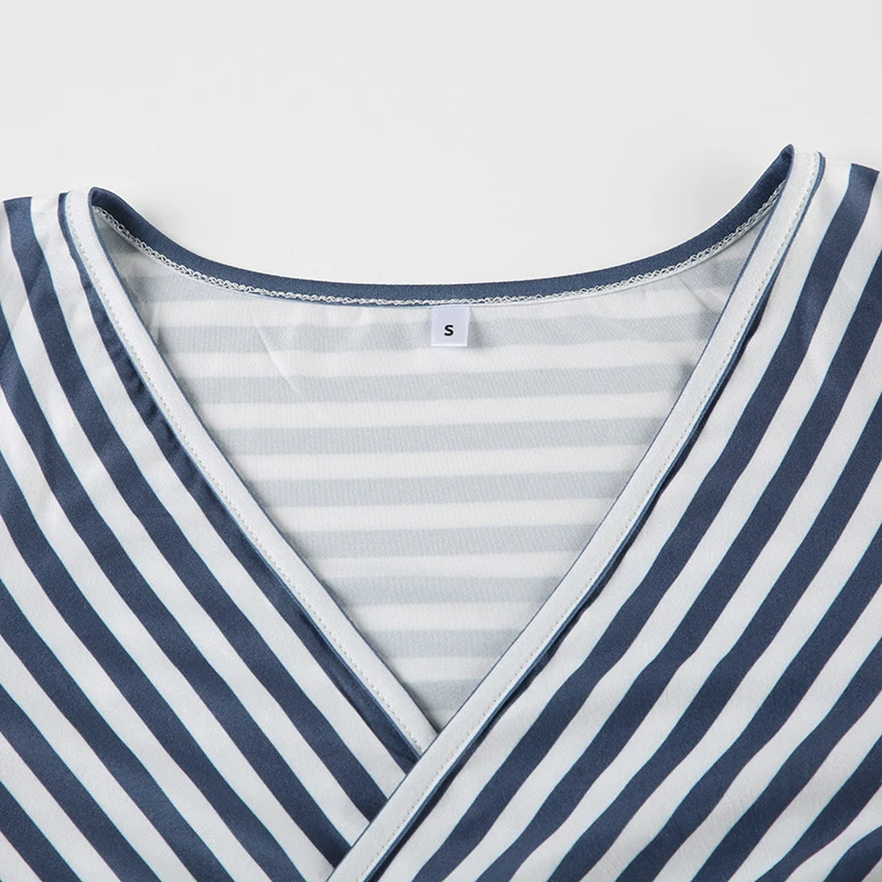Cross V Neck Blue White Stripe Y2K Tee Skinny Basic Long Sleeve Spring Autumn T Shirt Women