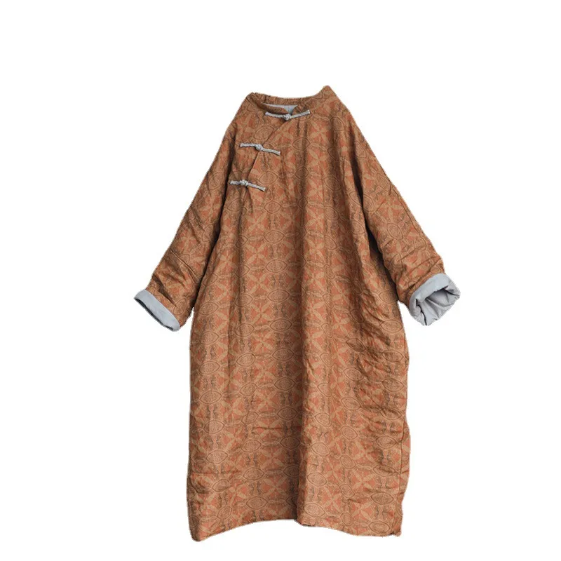 Twill Loose Frog Buckle Mid-Length Cotton-Padded Clothes Fragrant Printing Linen Vintage Zen Warm-Keeping Cotton Clothing