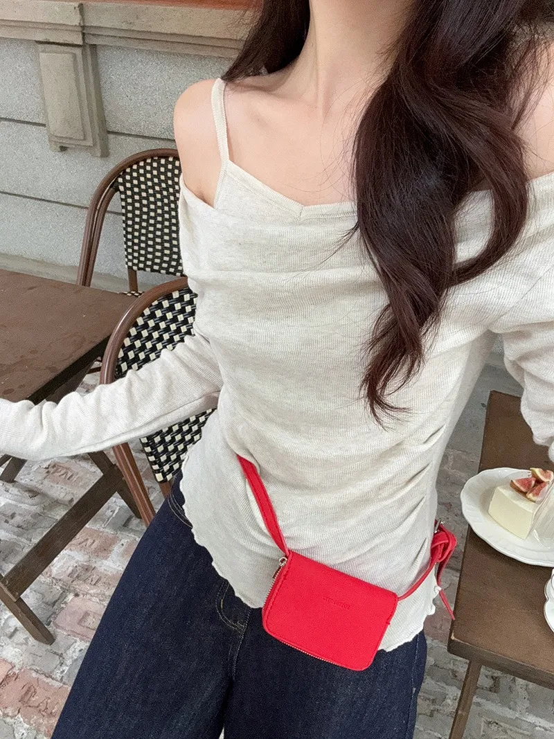 Fake Two-piece Off Shoulder Long Sleeve T-shirt Women's Sexy Slash Neck Flare Sleeve Base Shirt Top Autumn Casual Slim Fit Tops