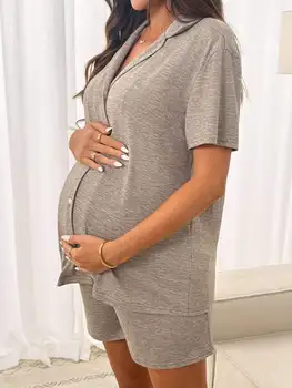 Maternity Solid Color Irregular Collar Short Sleeve Top And Adjustable Waist Shorts Set