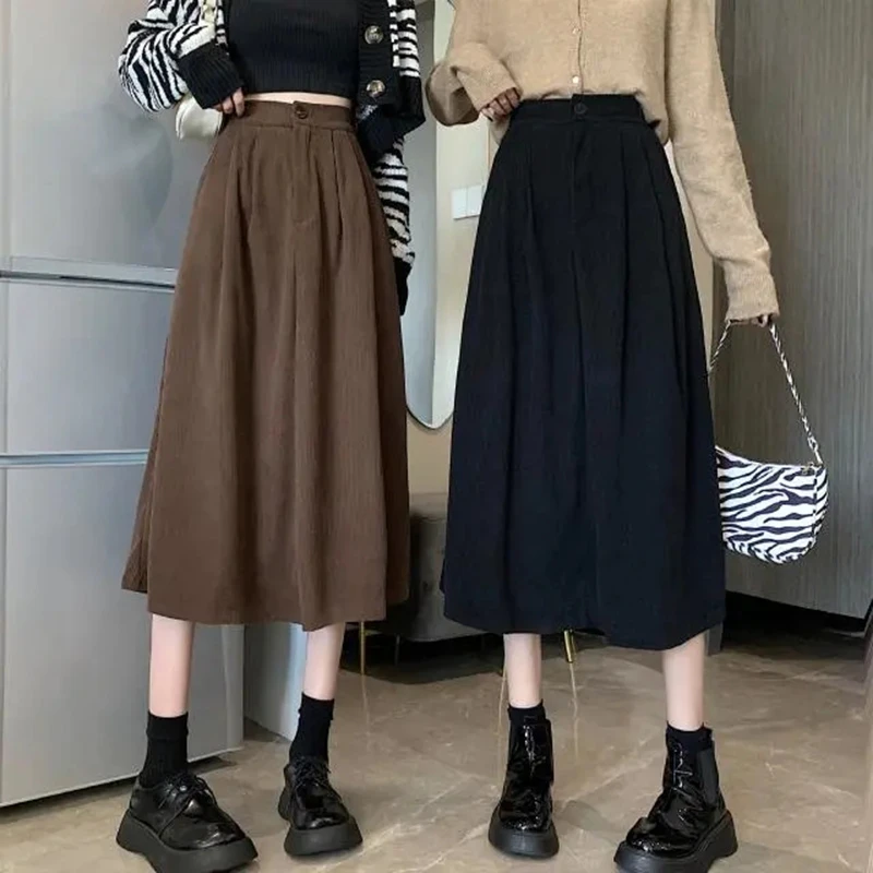 black leather skirt Rimocy Korean Corduroy Women's Midi Skirt Spring Autumn Solid Color High-waisted Skirt Woman A Line Long Skirts Ladies 2022 short skirt