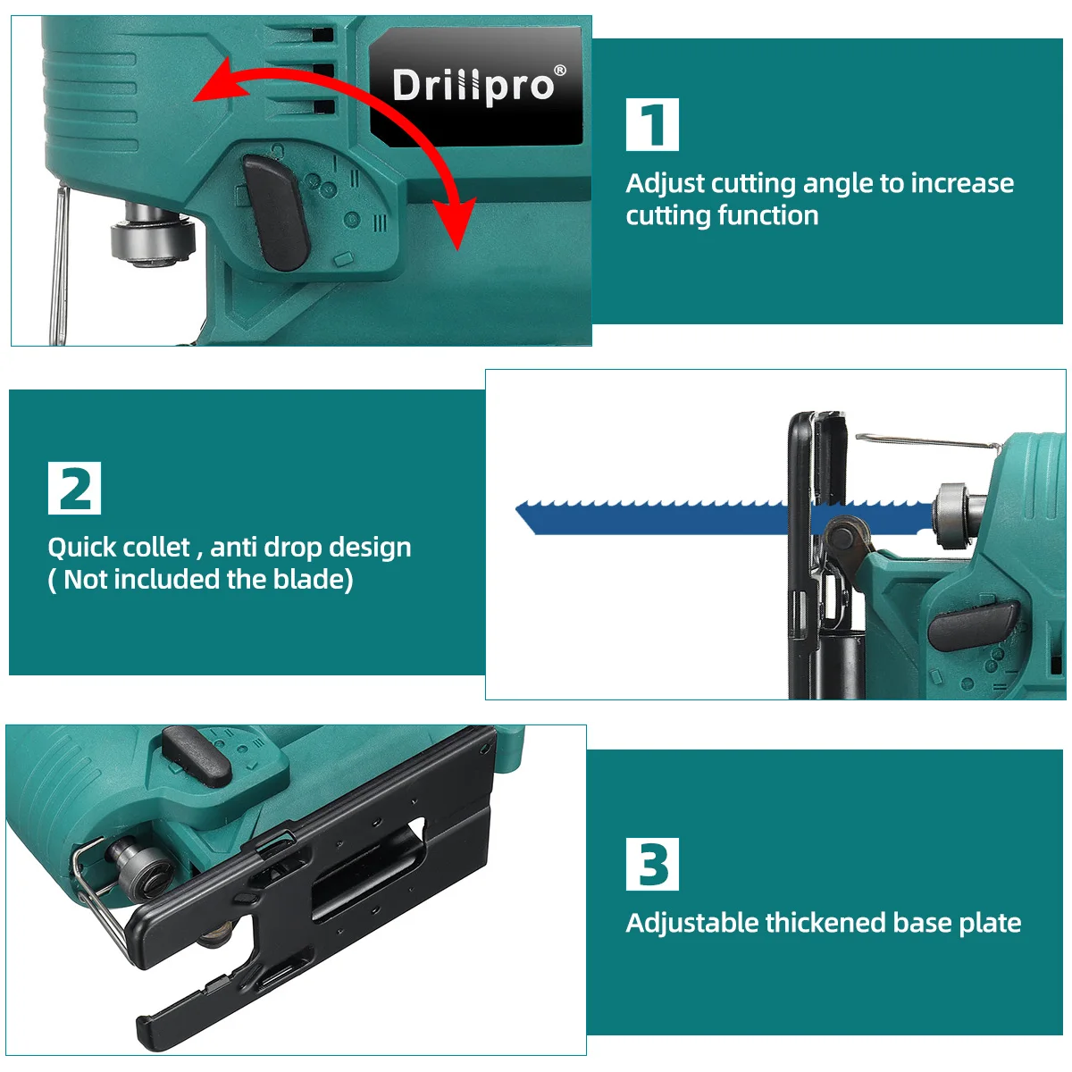 Drillpro 브러시리스 전기 지그 톱, 휴대용 지그 톱날, 목재 절단 금속 목공 전동 공구, 18V 배터리, 65mm
