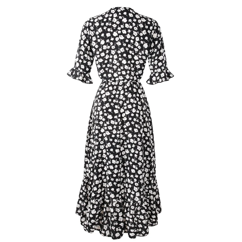 Floral Pattern Half Sleeve Dress V-neck Lace-up Ruffles Design Dress -S87ac98c798d945de88124a15dd9c5ca3N