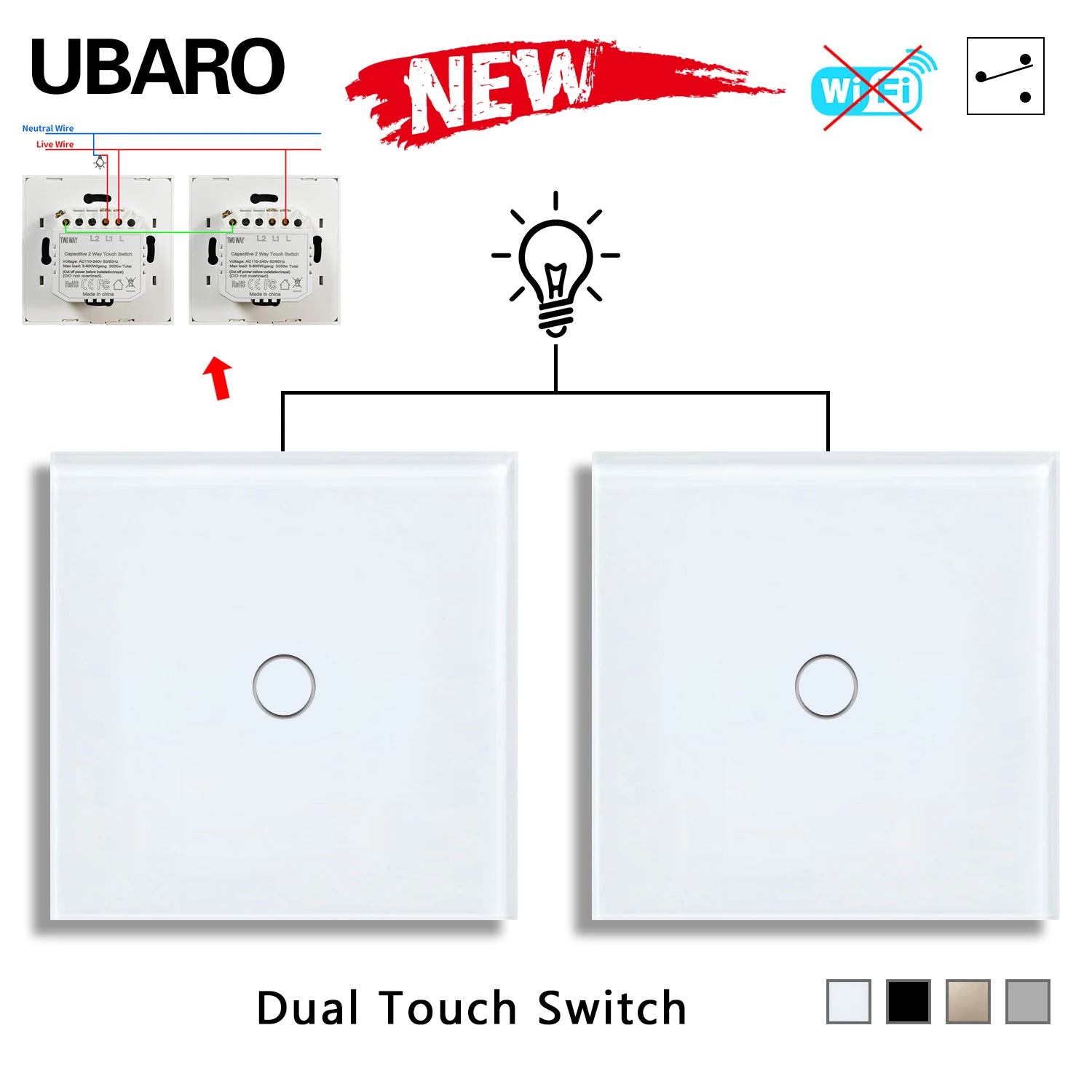 Ubaro Eu/Uk 86*86Mm 1 Bende 2way Dual Touch Schakelaar Gehard Glazen Paneel Trapschakelaar Slaapkamer Sensor Schakelaars Kruis Geen Wi-Fi Nodig