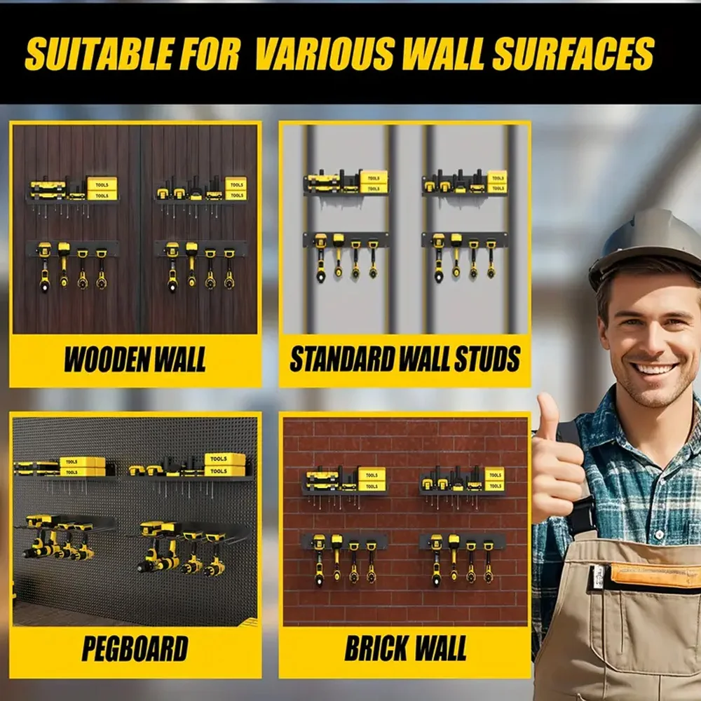 Power Tool Wall Mount Holder Space-Saving Drill Holder Battery Slot Heavy Duty Metal Tool Shelf Workshop Screwdriver Storage