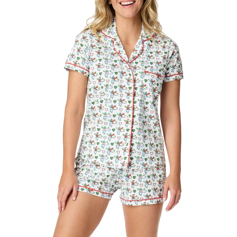 Kawaii Cartoon Print Lounge Pajama Sleepwear Women Short Sleeve Blouse Shirt Top + Shorts Y2K Vintage Comfy 2 Piece Set Outfits women pajamas set women pajama suit