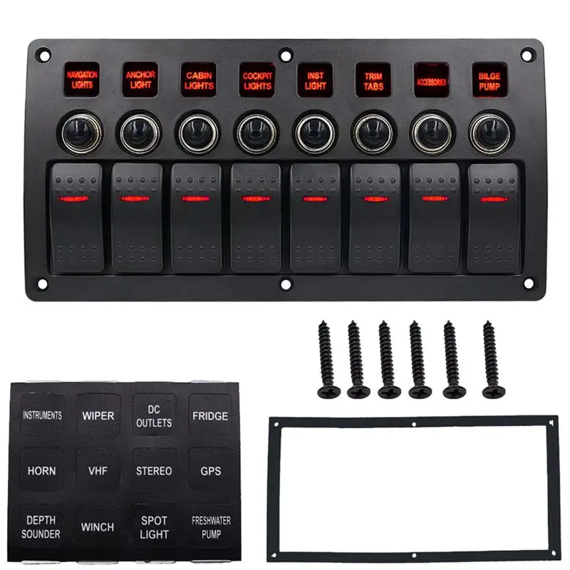 

Boat Car Marine Rocker Switch Panel 8 Gang 3PIN & Circuit Breaker Overload Protection Waterproof LED Switch Panel DC12/24V ON-OF
