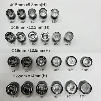 고출력 1W 3W 5W LED 렌즈 15mm 16mm 19mm 22mm PMMA 렌즈, 브래킷 포함, 15 30 45 60 90 100 120 도, 50 개
