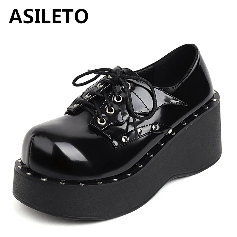 

ASILETO Punk Girls Pumps Round Toe Wedges 6.5cm Platform Lace Up Rivets Metal Decoration Big Size 42 43 Leisure Student Shoes