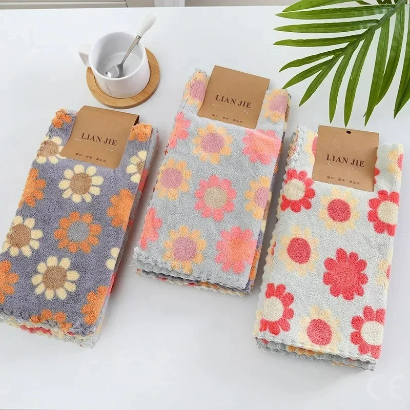 Kitchen cleaning cloths 4Pcs Soft Absorbent Dishcloth Coral Fleece Sunflower Wiping Towel Rags 30X30CM