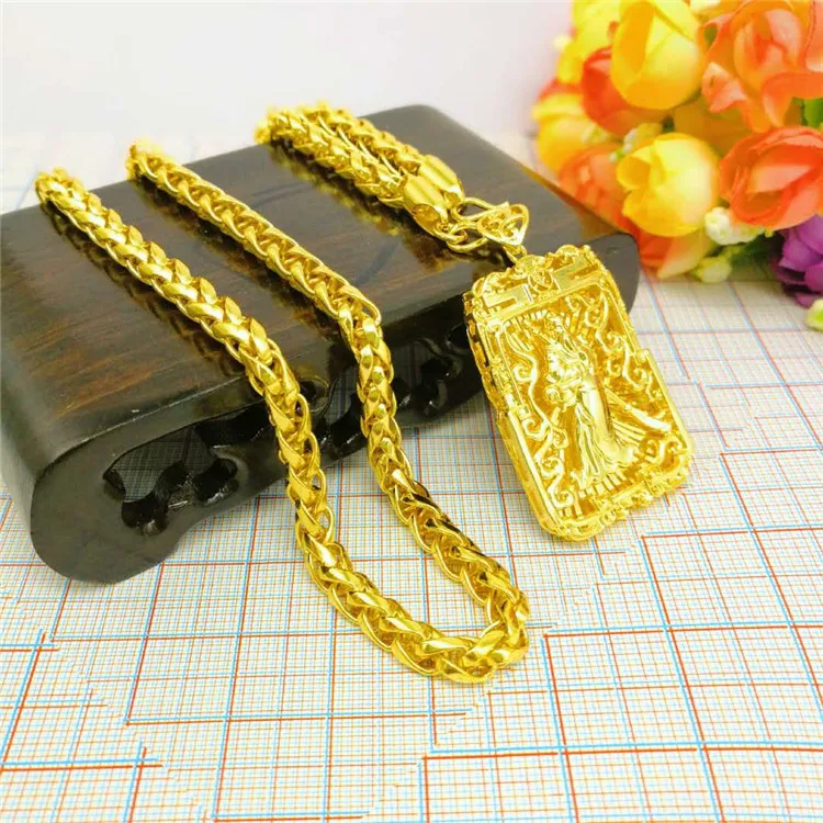 

Luxury Pure 14k Gold Color Pendant Necklace for Men Bro Father 3d Guanyin Golden Dragon Pendant Chain Jewelry Christmas Gifts