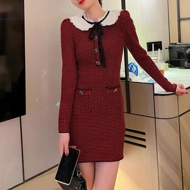 

Elegant Lady Knitted Solid Tweed Dress Casual Long Sleeve Mini Dresses Spring 2023 Vintage High Waist Slim Vestidos for Women