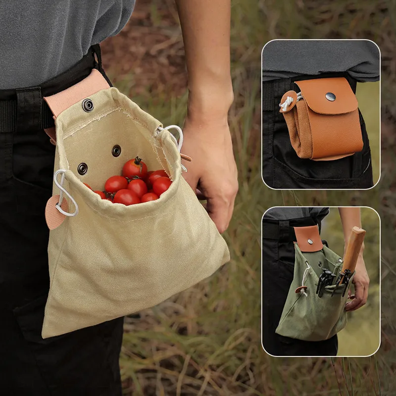 

Outdoor Leather and Canvas Bag Canvas Foraging Pouch for Hiking Fruit Picking Storage Bag Easy Looping Around Belts Waist Bag