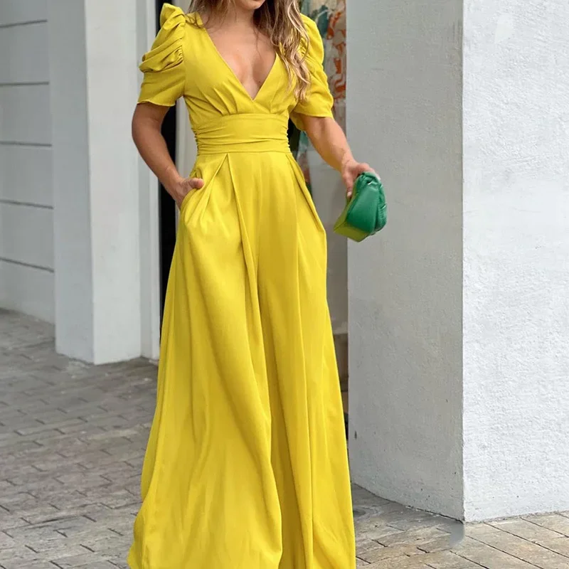 

Summer new 2024 European and American women's elegant temperament V-neck wide-leg jumpsuit