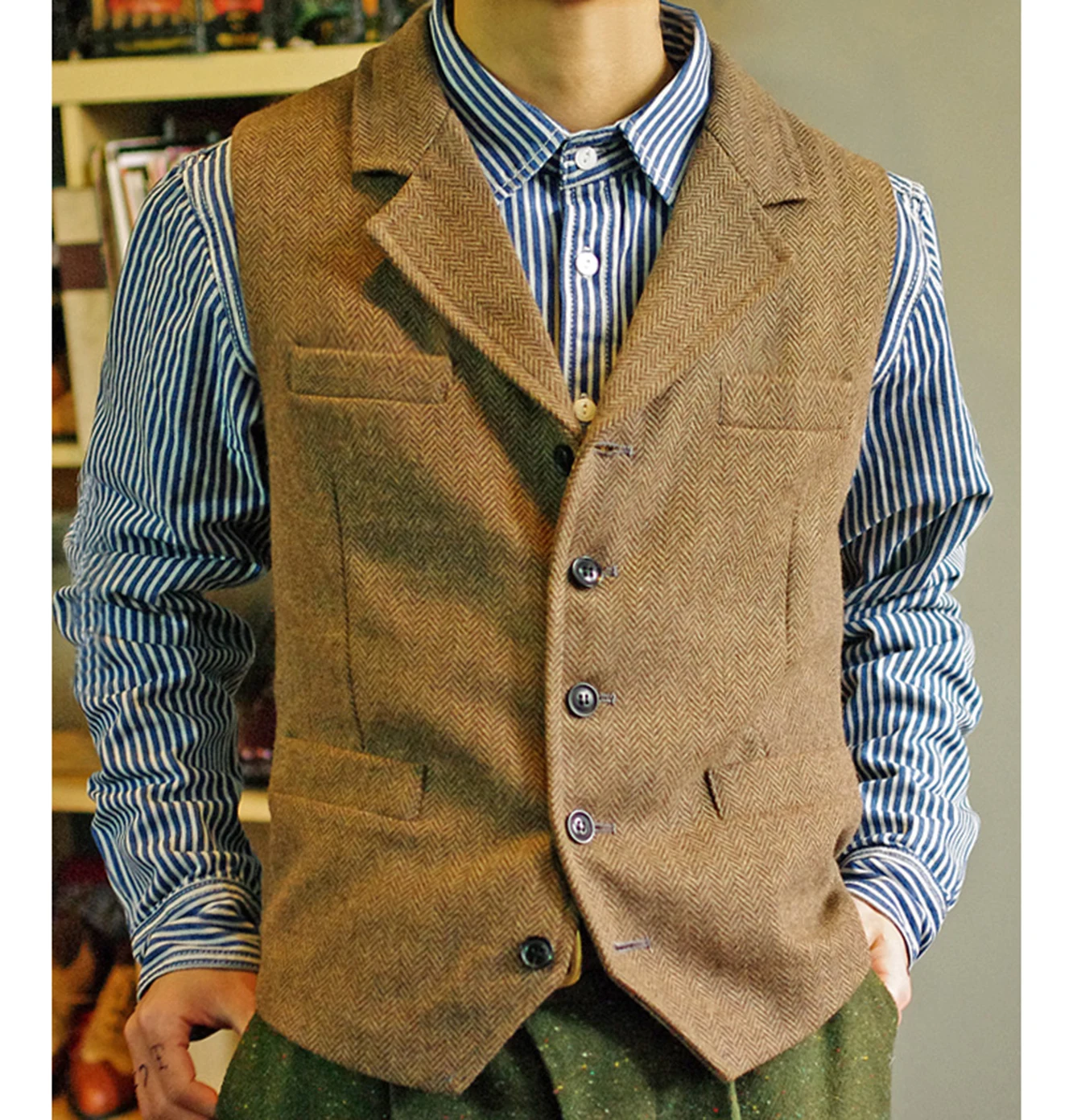 

Herringbone Men's Suit Classic Slim Fit Business Casual Notched Lapel Tweed Set Waistcoat Vest For Wedding Groomsmen