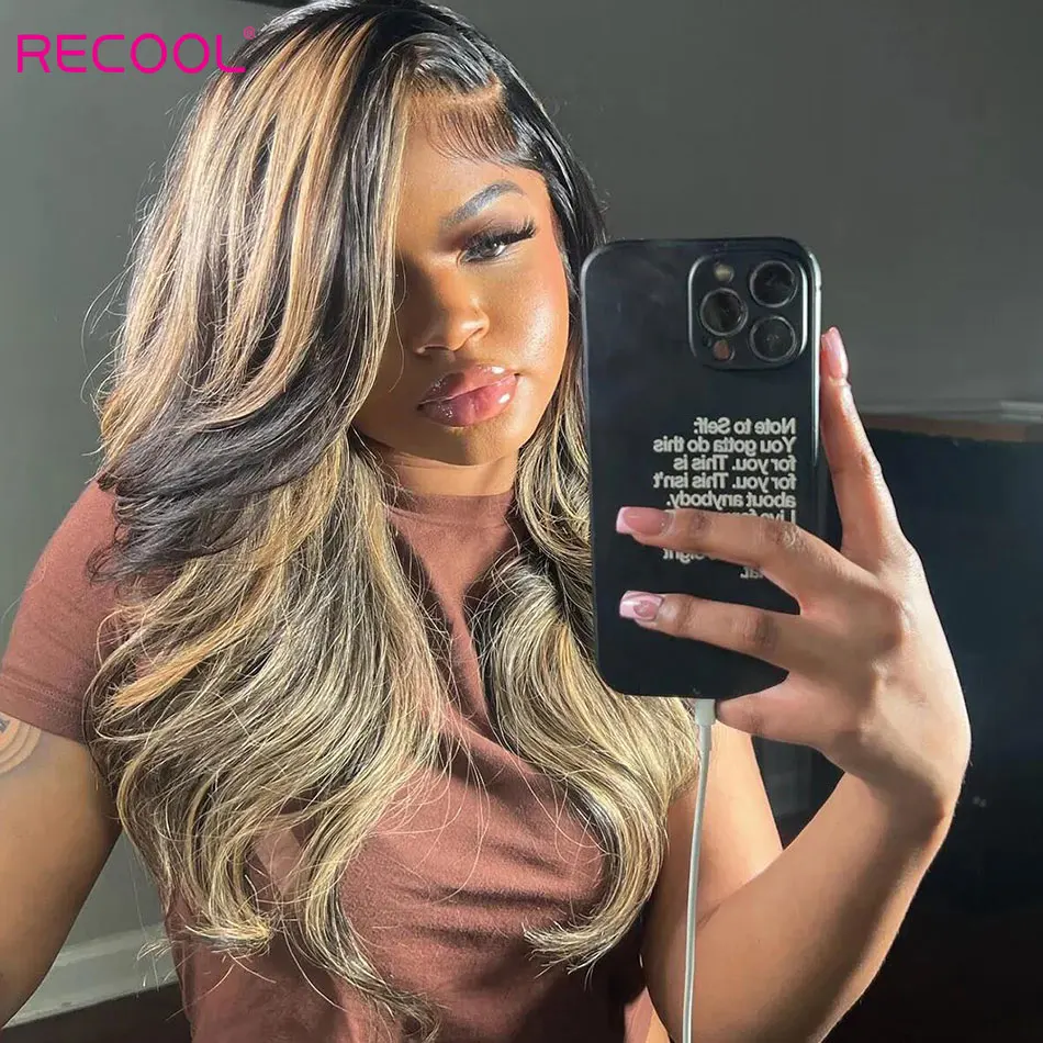 Recool Face-Framing Curtain Bangs Highlight Body Wave Wig Pre Plucked&Bleached 6&times;5 Glueless HD Lace Closure Wig Human Hair