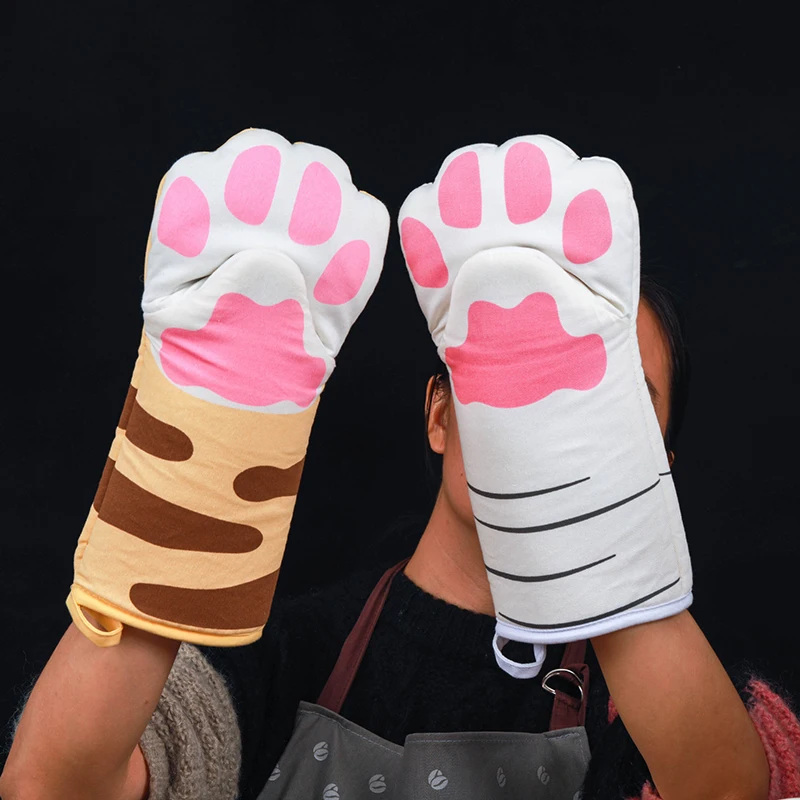 Silicone Oven Mitts Kitchen Gloves Silicone Oven Gloves Silicone Oven Protector 1Pc Cute Cat Paws Oven Mitts Cartoon Anti-Scald Microwave Heat Resistant Insulation Non-Slip Kitchen Cooking Gloves Baking Tool