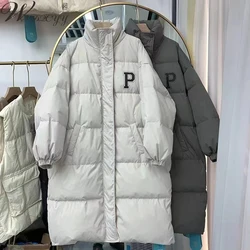 Long Down Coat Women 2023 Korean Stand Collar Loose Parkas Snow Wear Letter Print Windproof Cotton Padded Winter Puffer Jacket