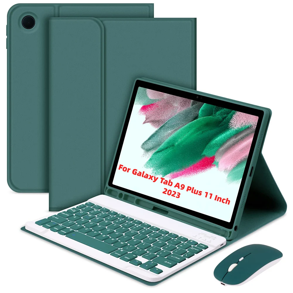 For Samsung Galaxy Tab A9+ 11 Inch Case with Bluetooth-Compatible Keyboard Cover W/Pencil Holder Leather Folio Cover with Mouse