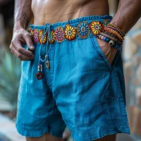 Men's Short Pants Vintage Ethnic Casual Linen Shorts Fashion Flowers Printing Drawstring Male Shorts Daily Outdoor Sports Pants 2