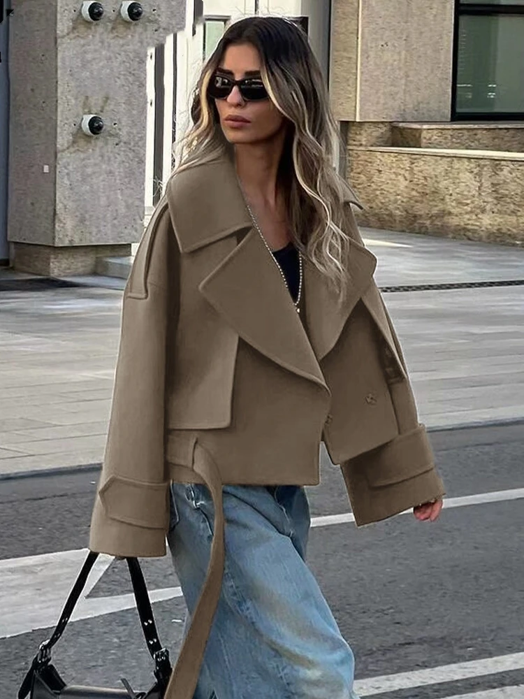 

Fashion Long Sleeve Wool Cropped Coat Women V-neck Warm Short Cardigan Jacket 2024 Autumn Winter Female High Street Outwears